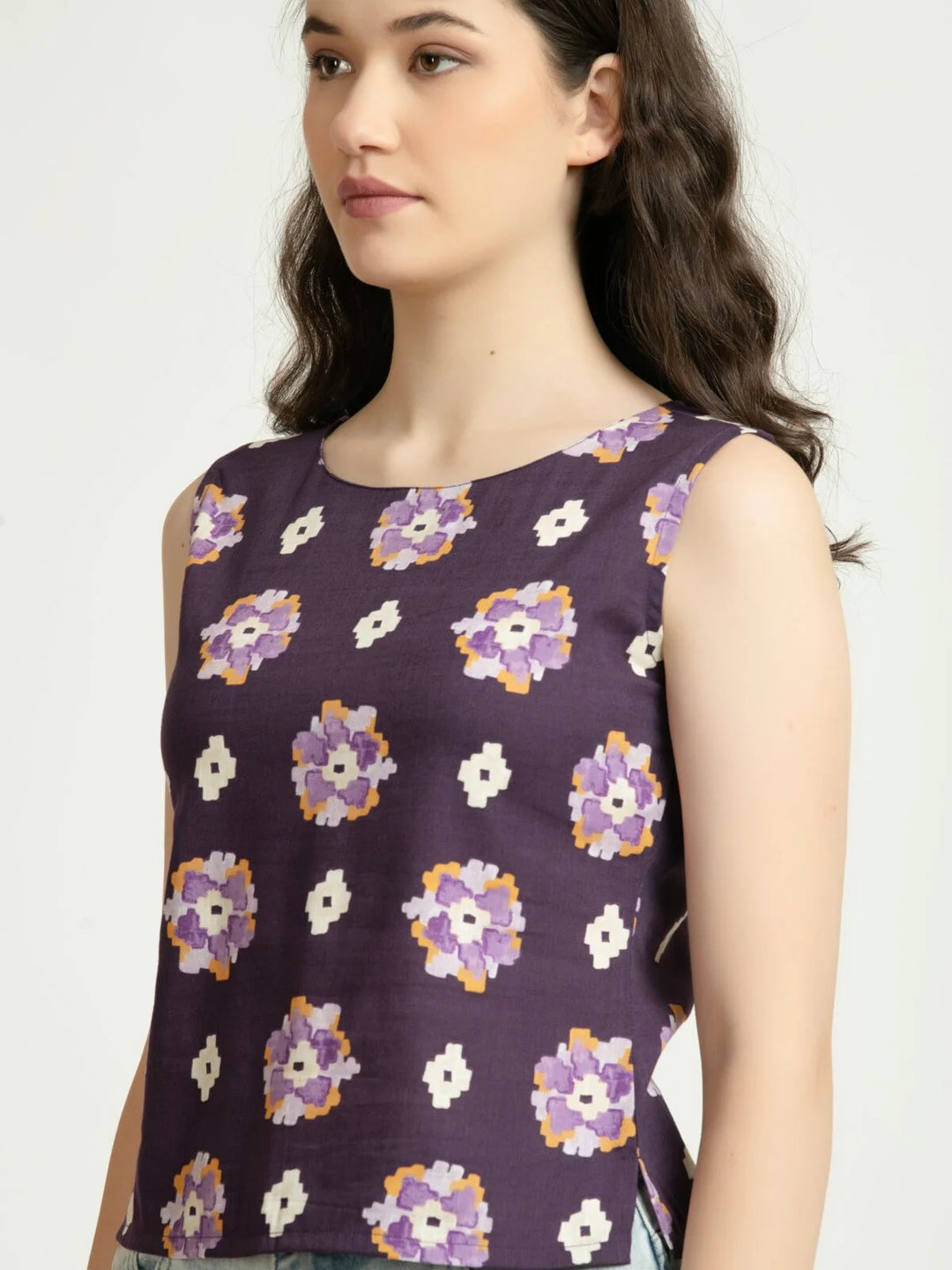 Violet Rayon Linen Printed Sleeveless Back Buttons Short Top Portrait