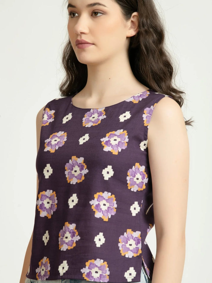Violet Rayon Linen Printed Sleeveless Back Buttons Short Top Portrait
