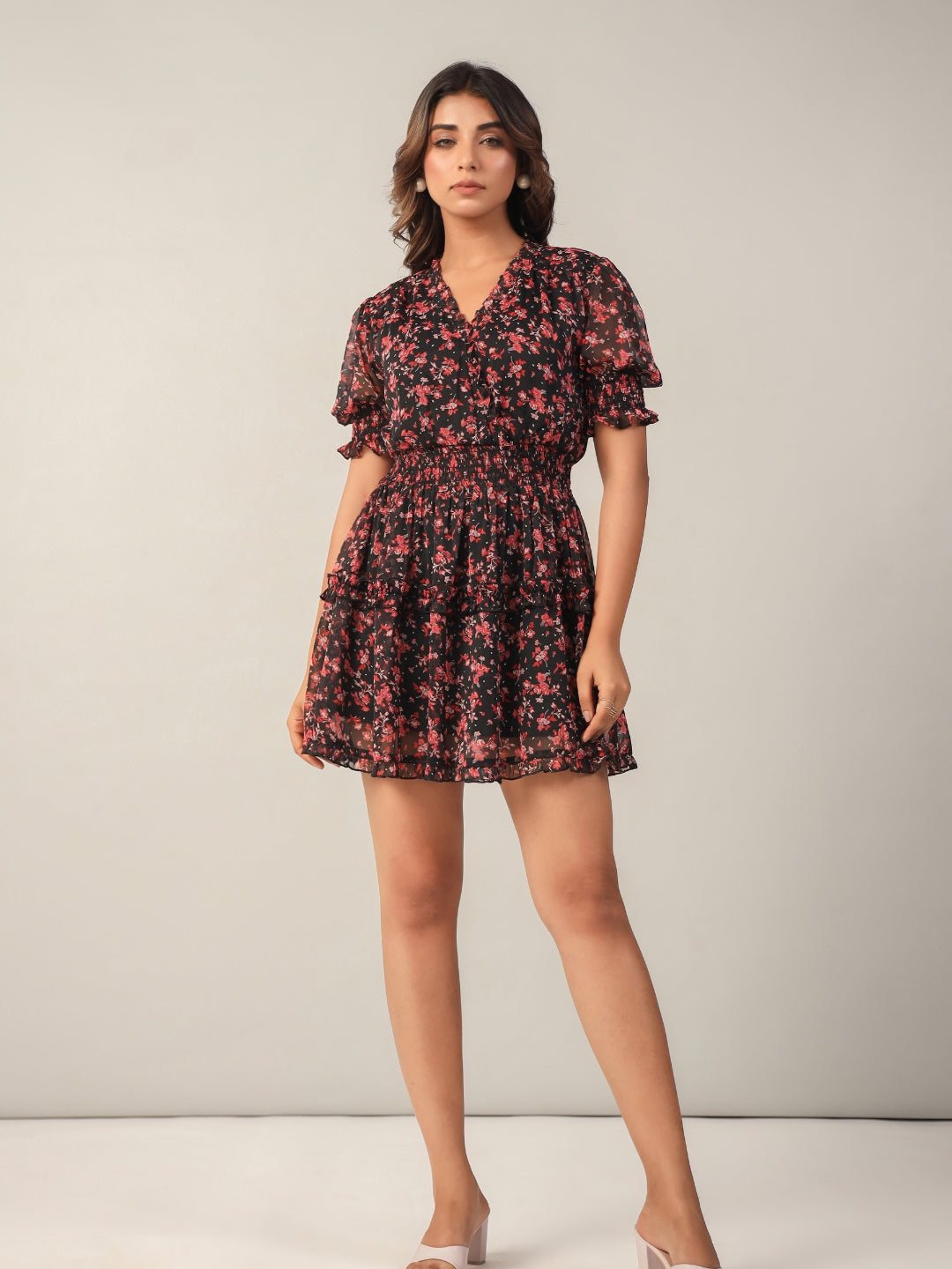 Black Floral Lurex Flared Mini Dress Front