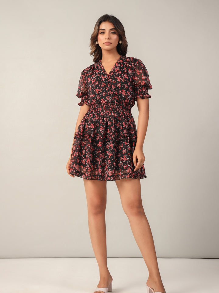 Black Floral Lurex Flared Mini Dress Front