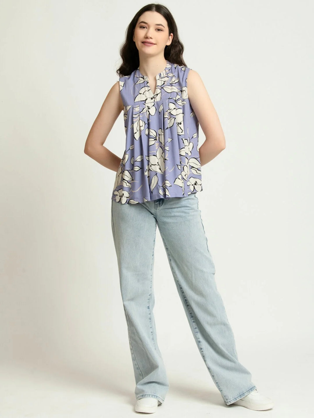 Lilac Floral Print Everyday Sleeveless Pleated Top Full Front