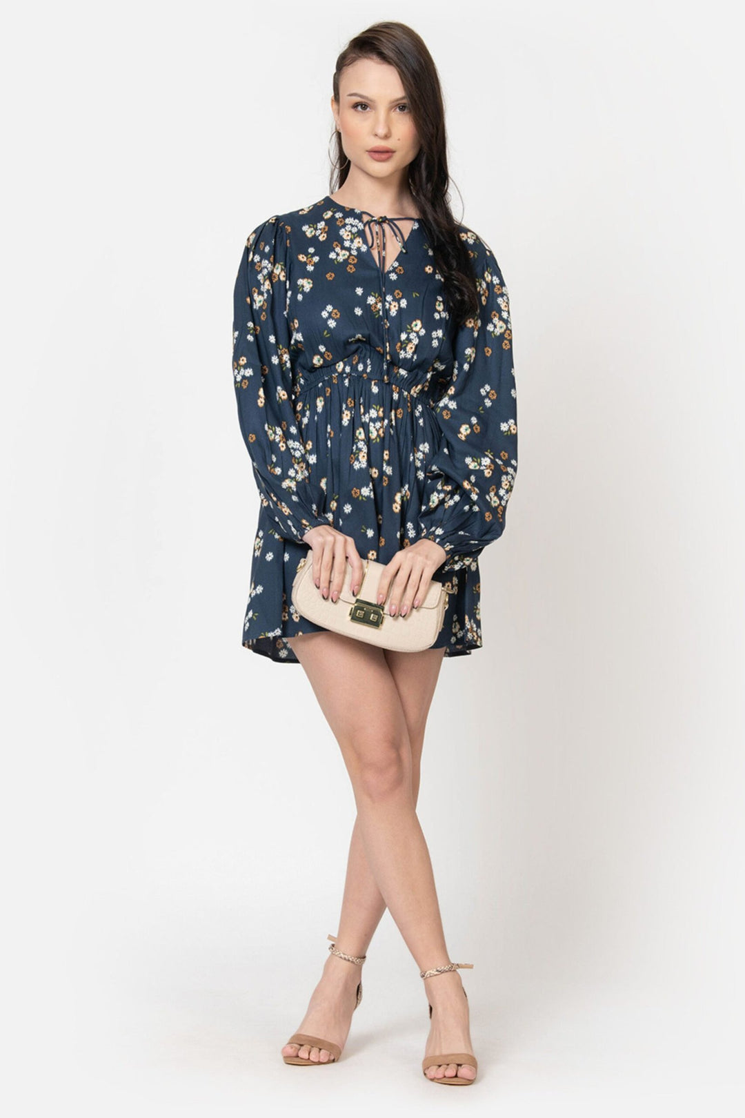 Prussian Blue Crepe Floral Print Playsuit Full Front
