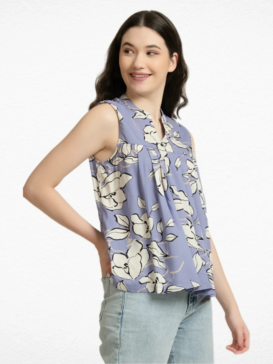 LILAC FLORAL PRINT EVERYDAY SLEEVELESS PLEATED TOP
