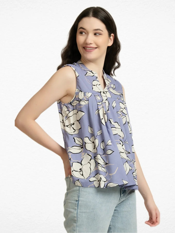 LILAC FLORAL PRINT EVERYDAY SLEEVELESS PLEATED TOP
