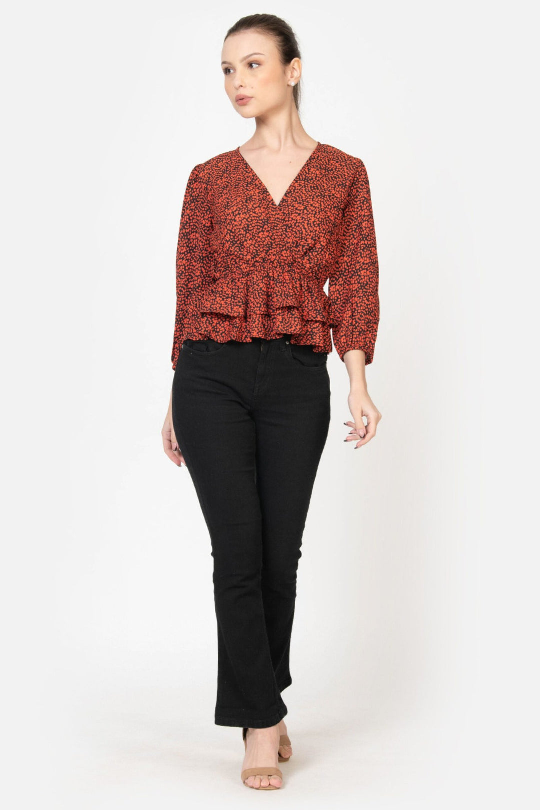 Rust Black Polka Dot Peplum Top Full Front