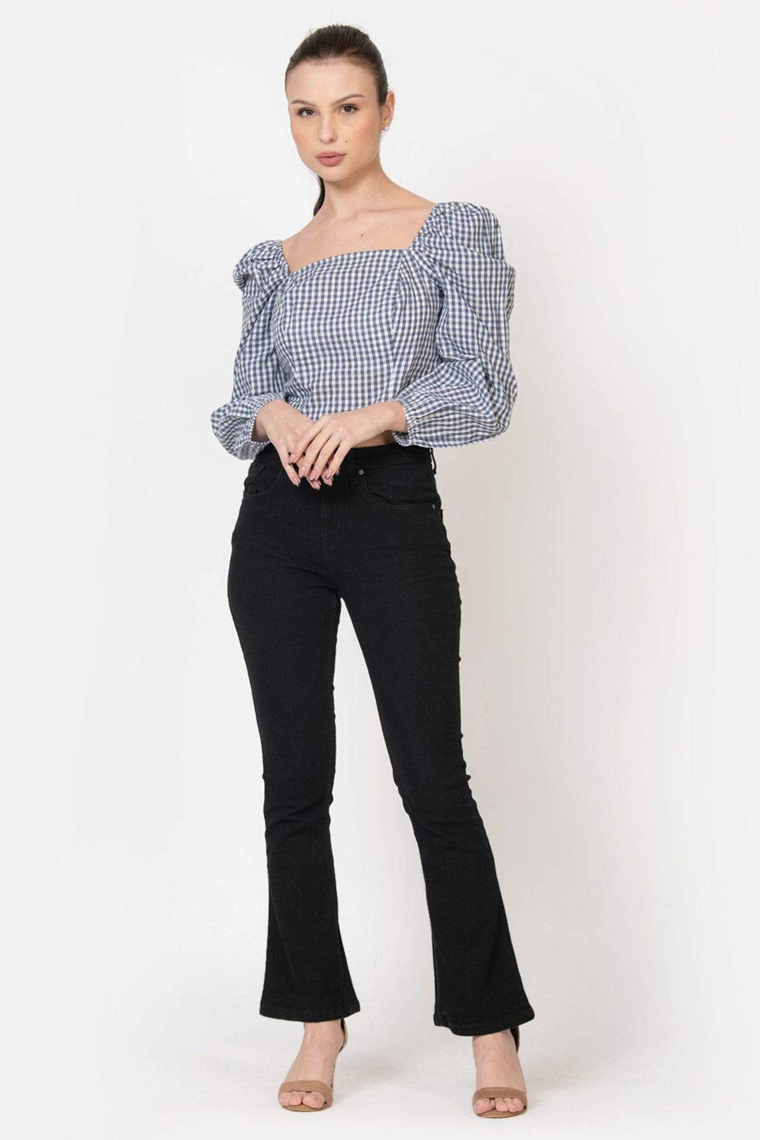 Blue Seersucker Crop Top Front