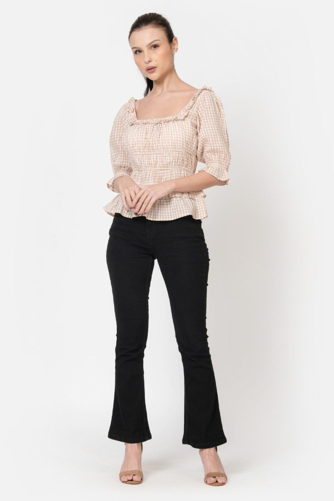 Beige Cotton Seersucker Top Full Front