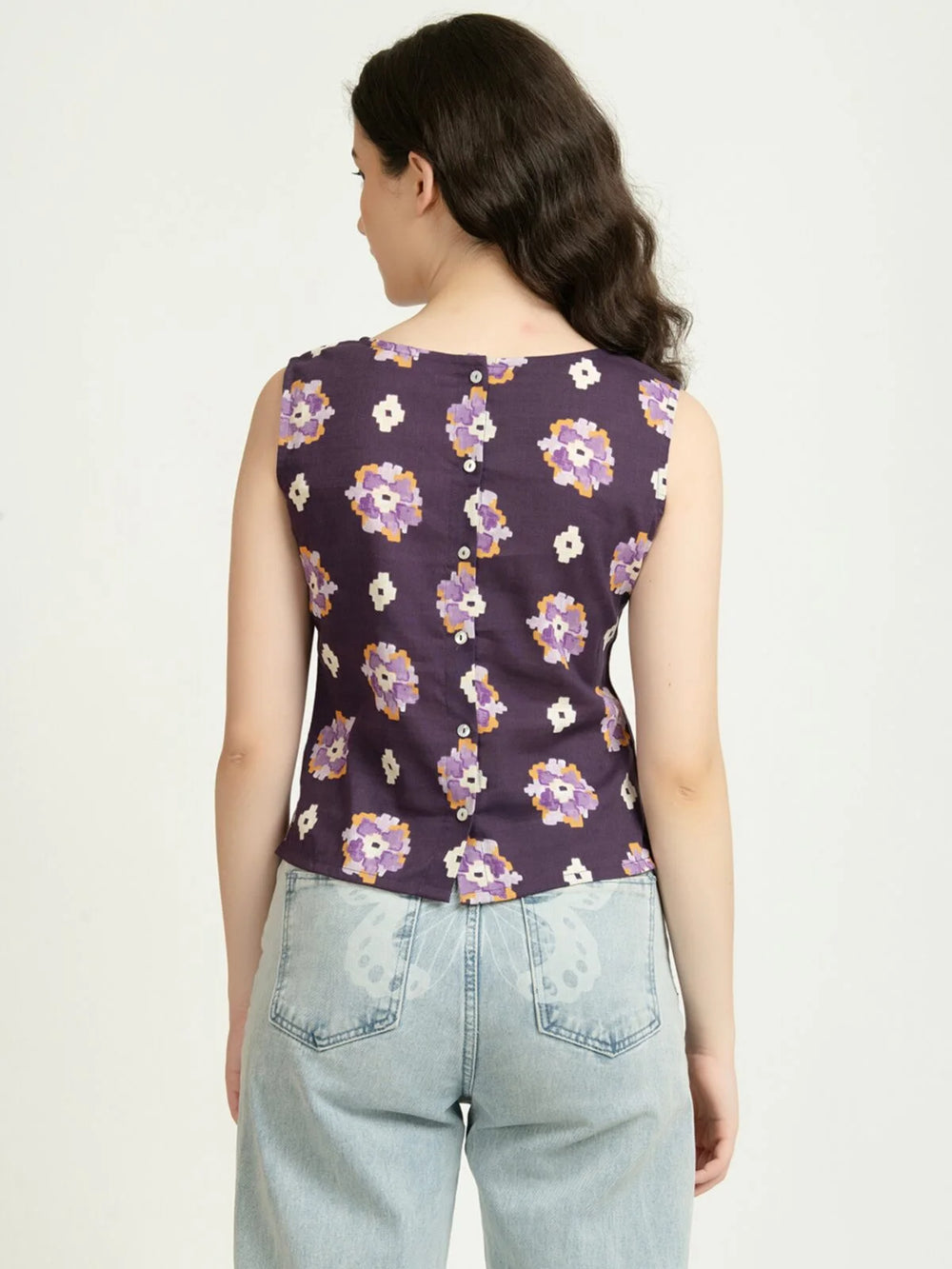 Violet Rayon Linen Printed Sleeveless Back Buttons Short Top Back