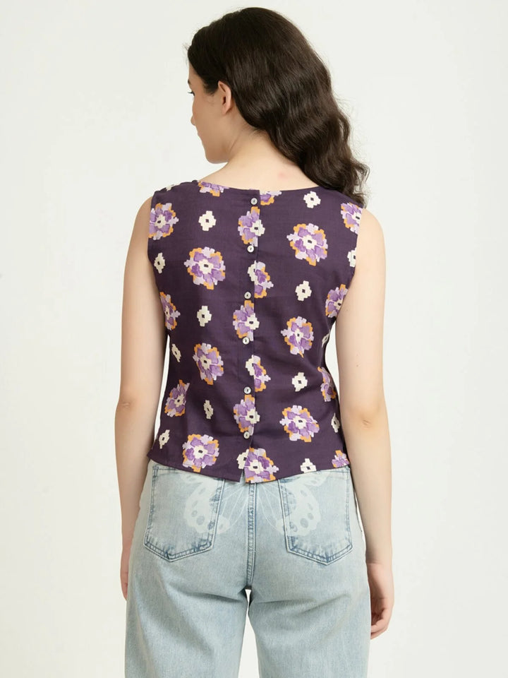 Violet Rayon Linen Printed Sleeveless Back Buttons Short Top Back