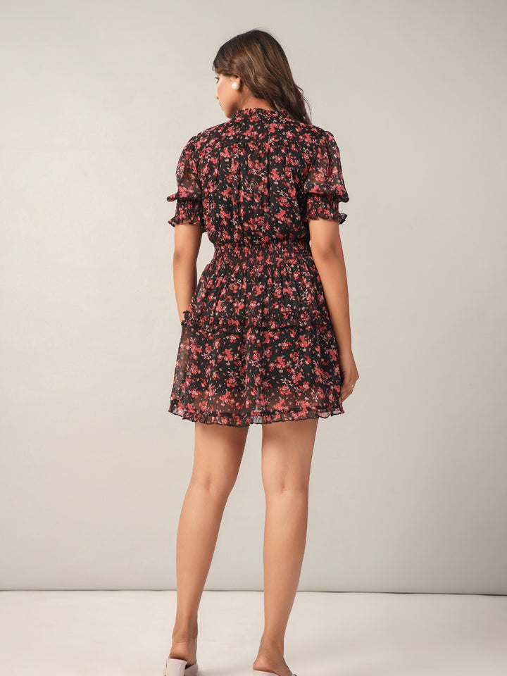 Black Floral Lurex Flared Mini Dress Back