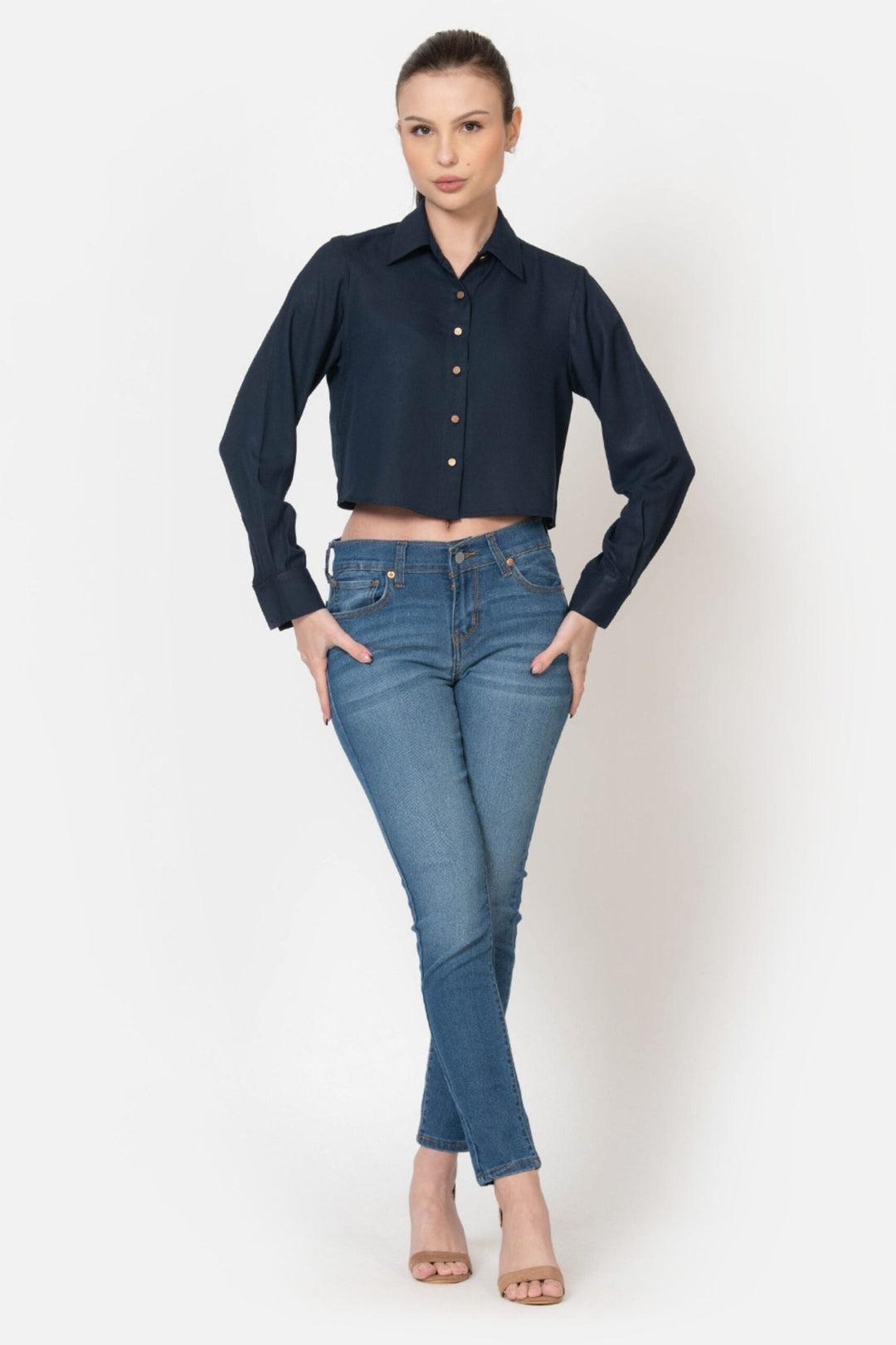 Navy Blue Poly Moss Full Sleeves Crop Shirt Front