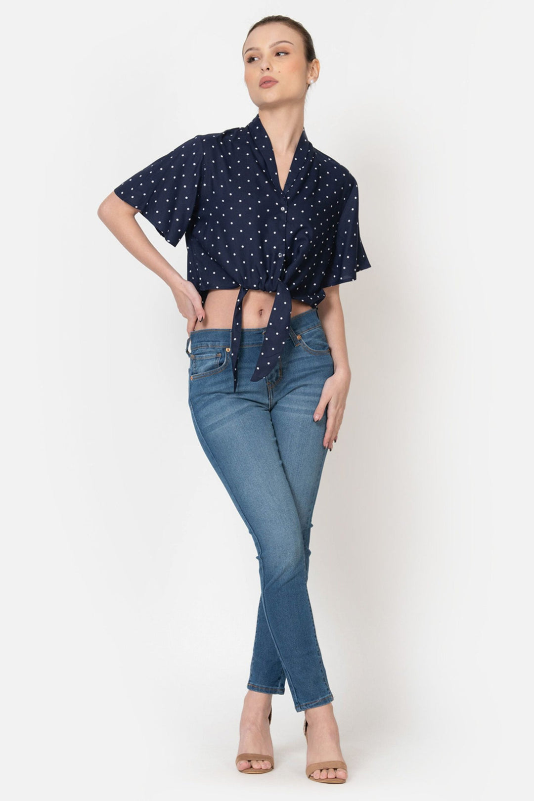 Ultramarine Rayon Polka Dot Tie Up Crop Shirt Full Front