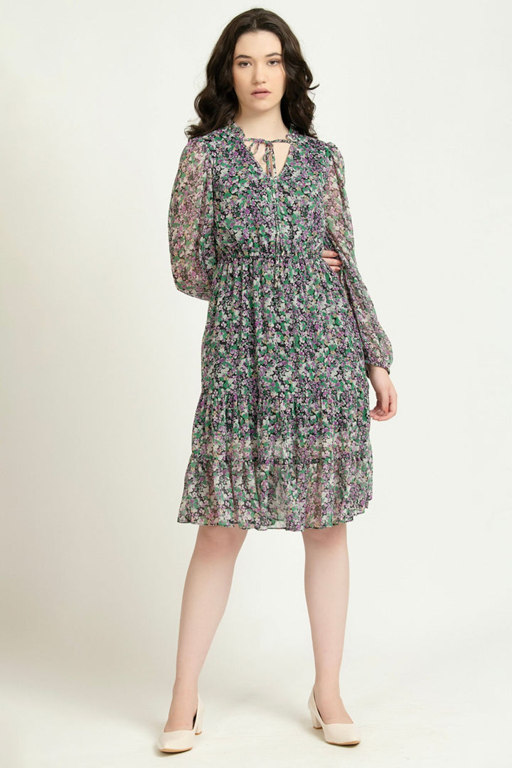 Multifloral V neck Knee Length Dress Front