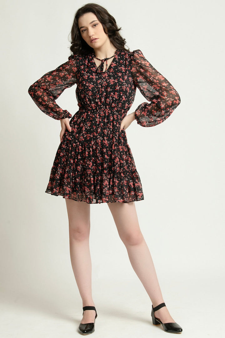 Black and Red Floral Mini Dress with Sheer Full Sleeves Full Front