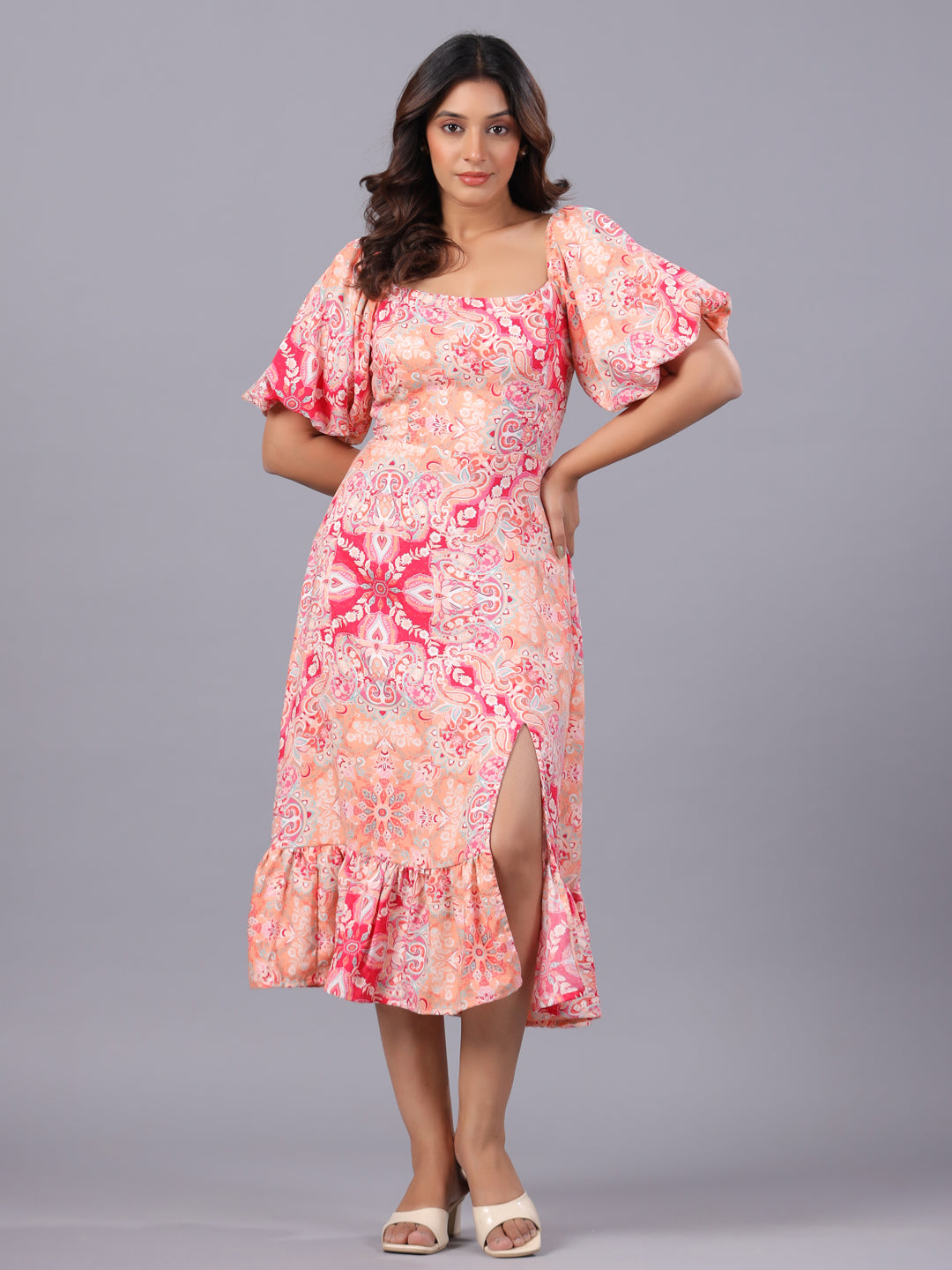 Multi Orange & Pink Abstract Bodycon Dress Front