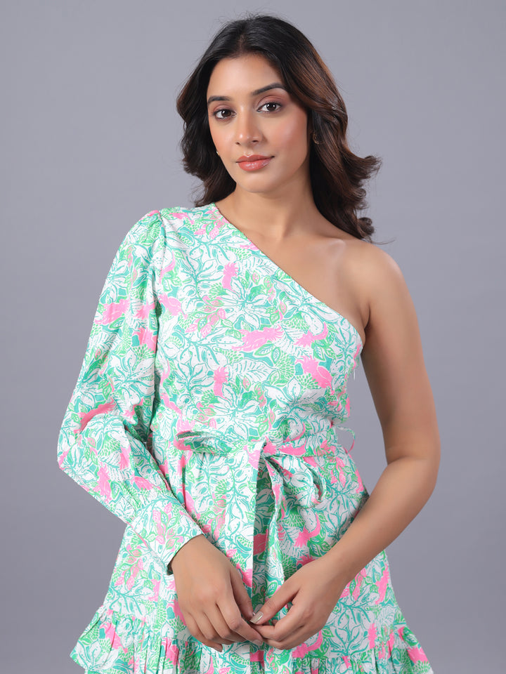 Green Floral One-Shoulder Belted Fit & Flare Mini Dress