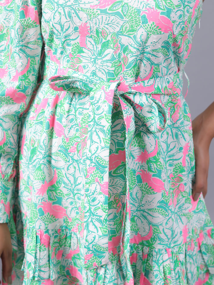 Green Floral One-Shoulder Belted Fit & Flare Mini Dress