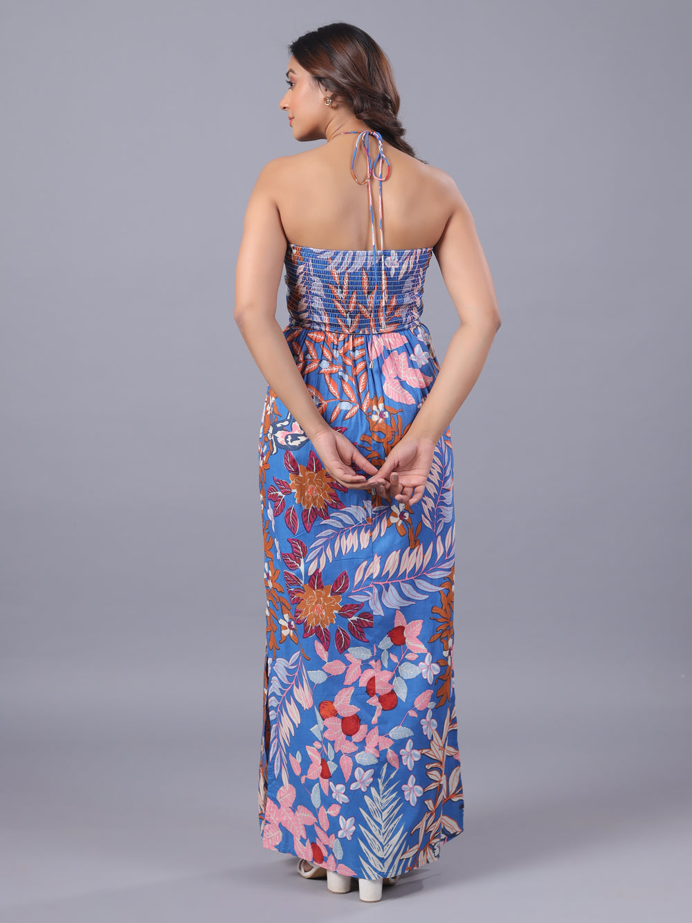 Blue Cotton Floral Halter Neck Side Slit Sheeth Maxi Dress Back