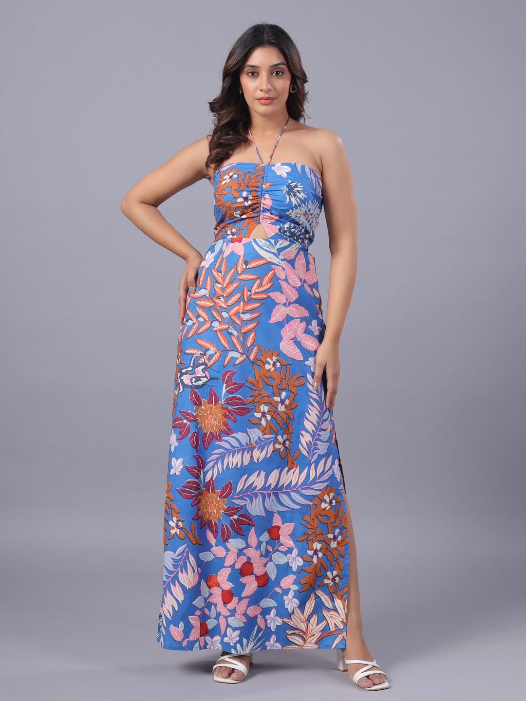 Blue Cotton Floral Halter Neck Side Slit Sheeth Maxi Dress Front