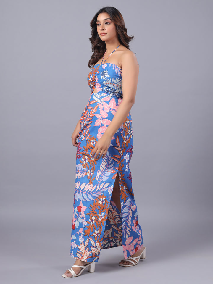 Blue Cotton Floral Halter Neck Side Slit Sheeth Maxi Dress Side