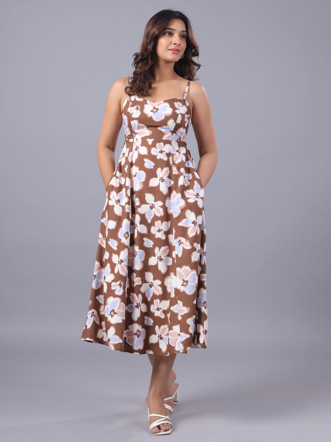 Viscose Floral Flare Midi Dress Front