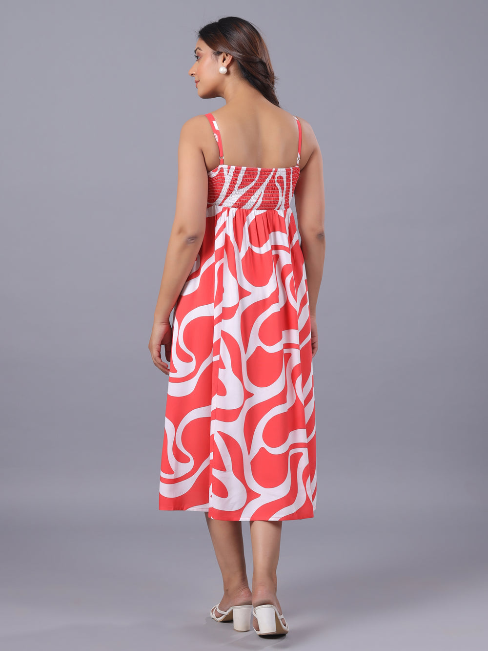 Red Viscose Abstract Midi Dress Back