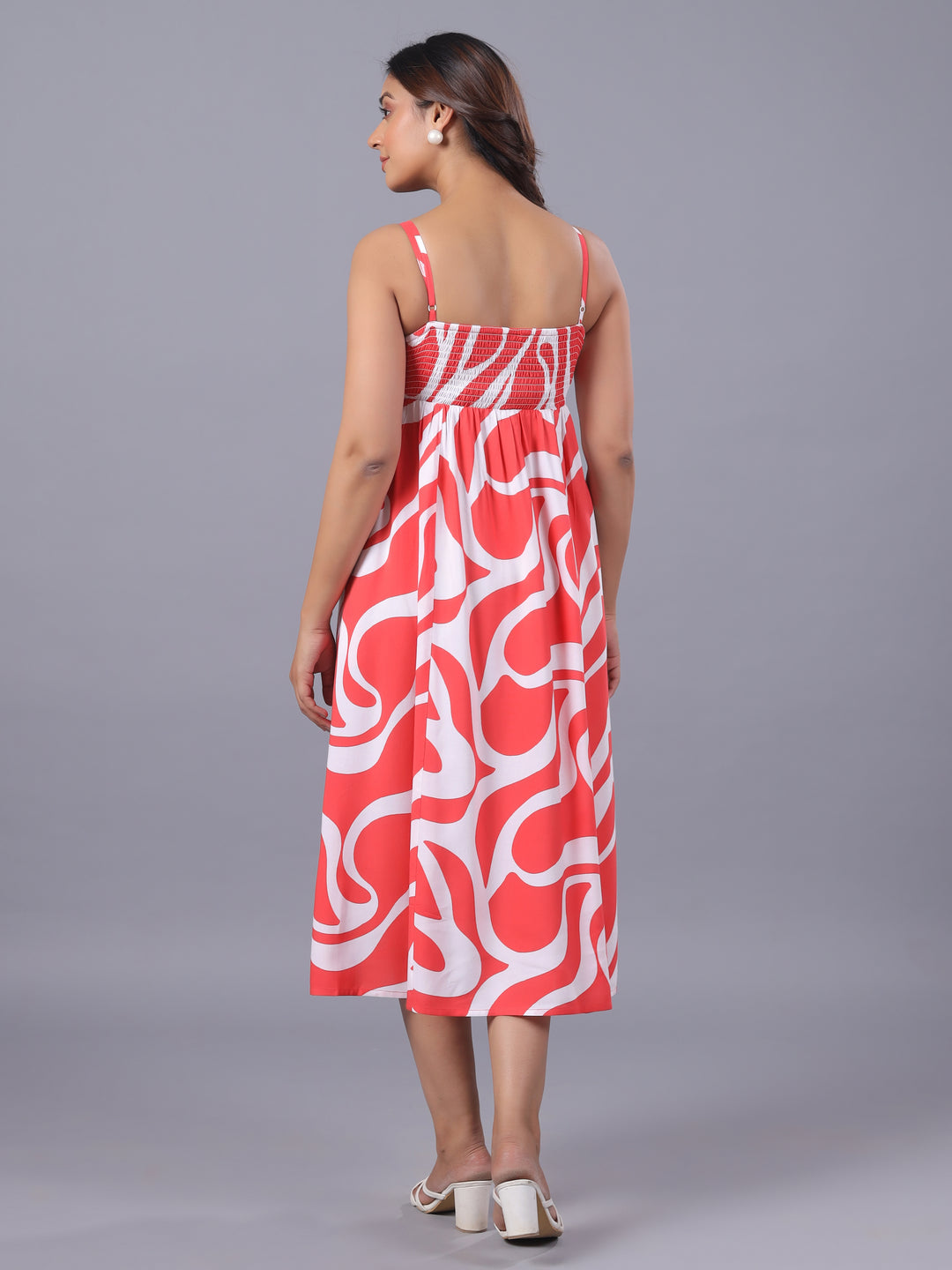 Red Viscose Abstract Midi Dress
