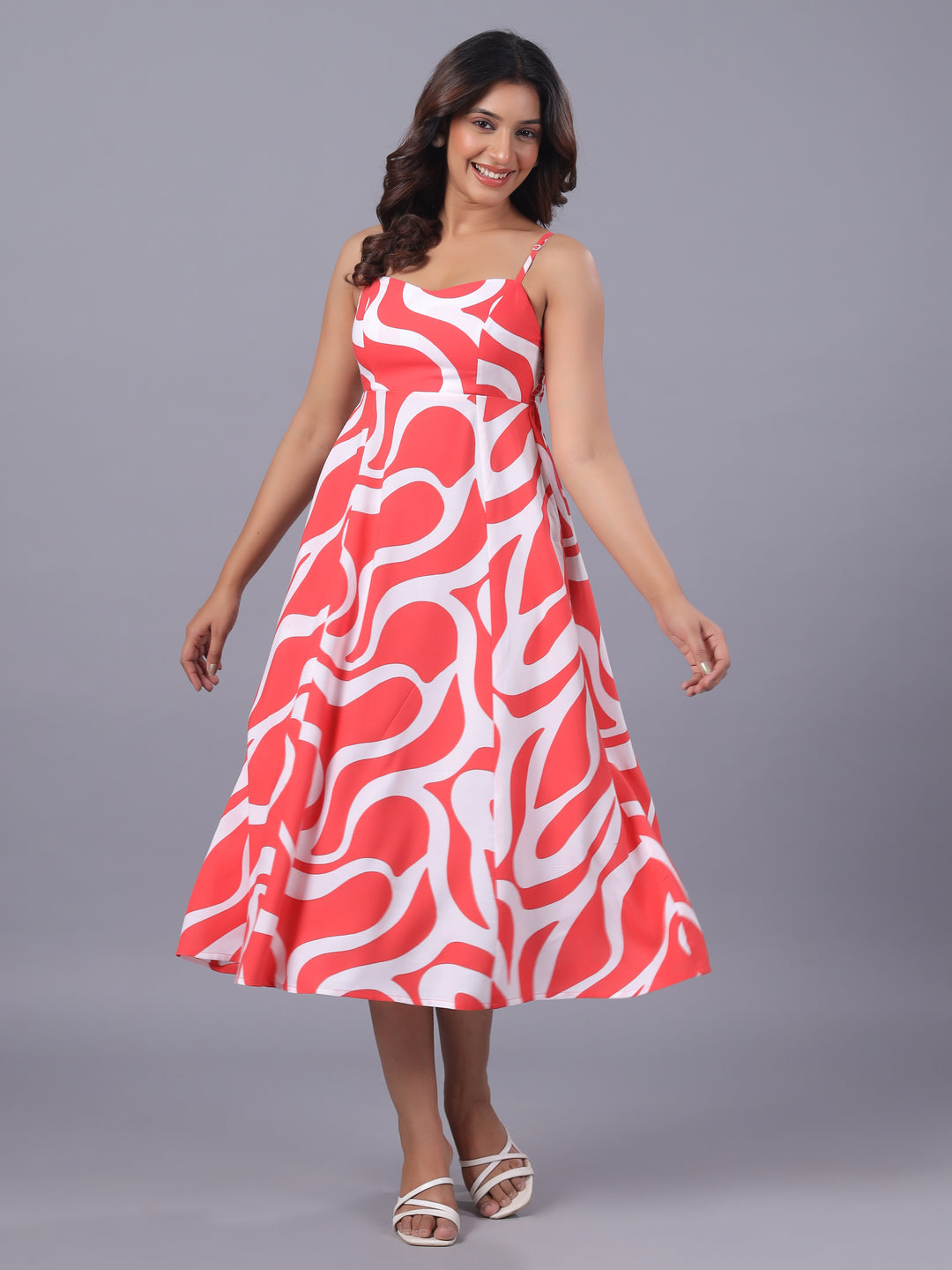 Red Viscose Abstract Midi Dress Front
