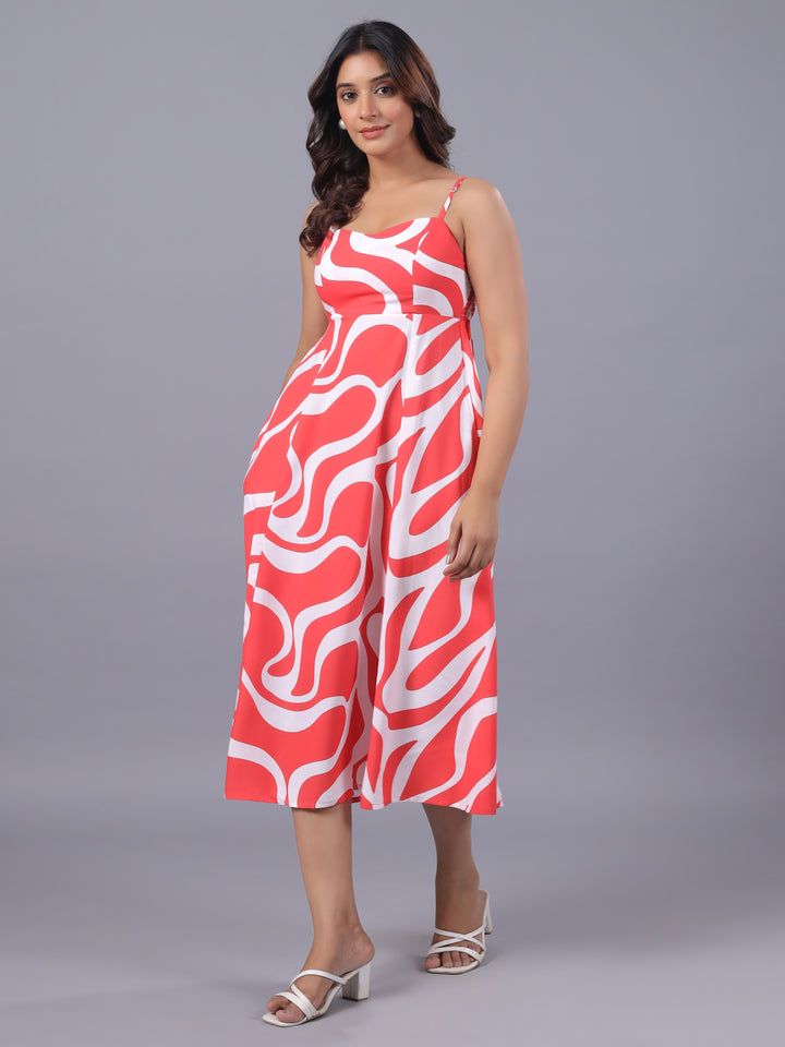 Red Viscose Abstract Midi Dress
