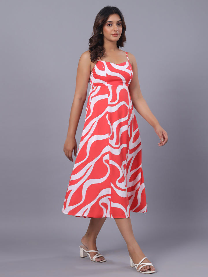 Red Viscose Abstract Midi Dress