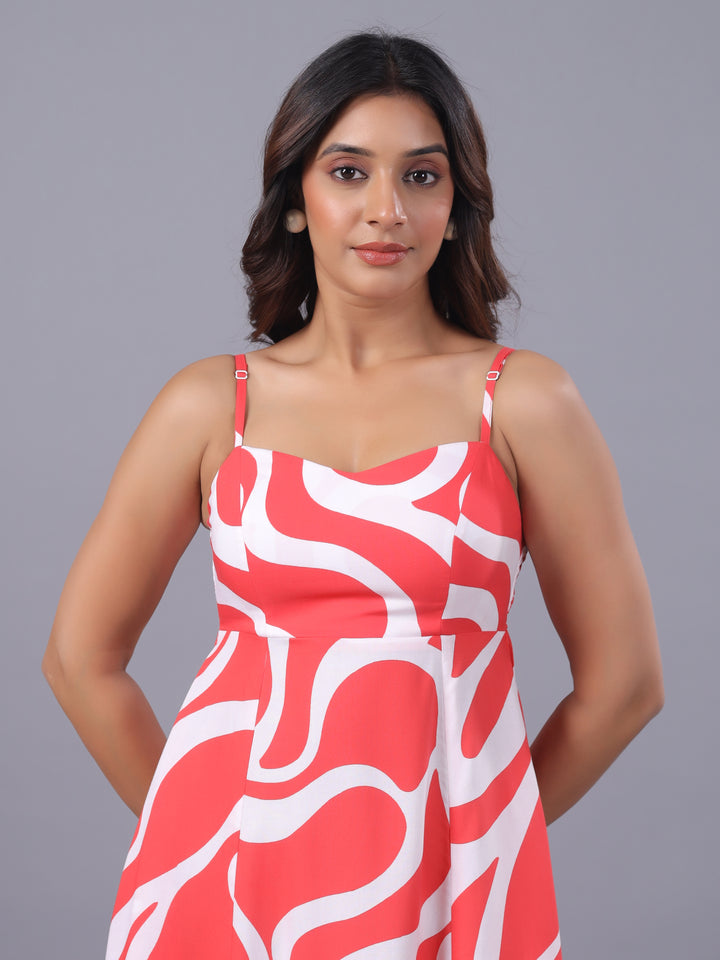 Red Viscose Abstract Midi Dress