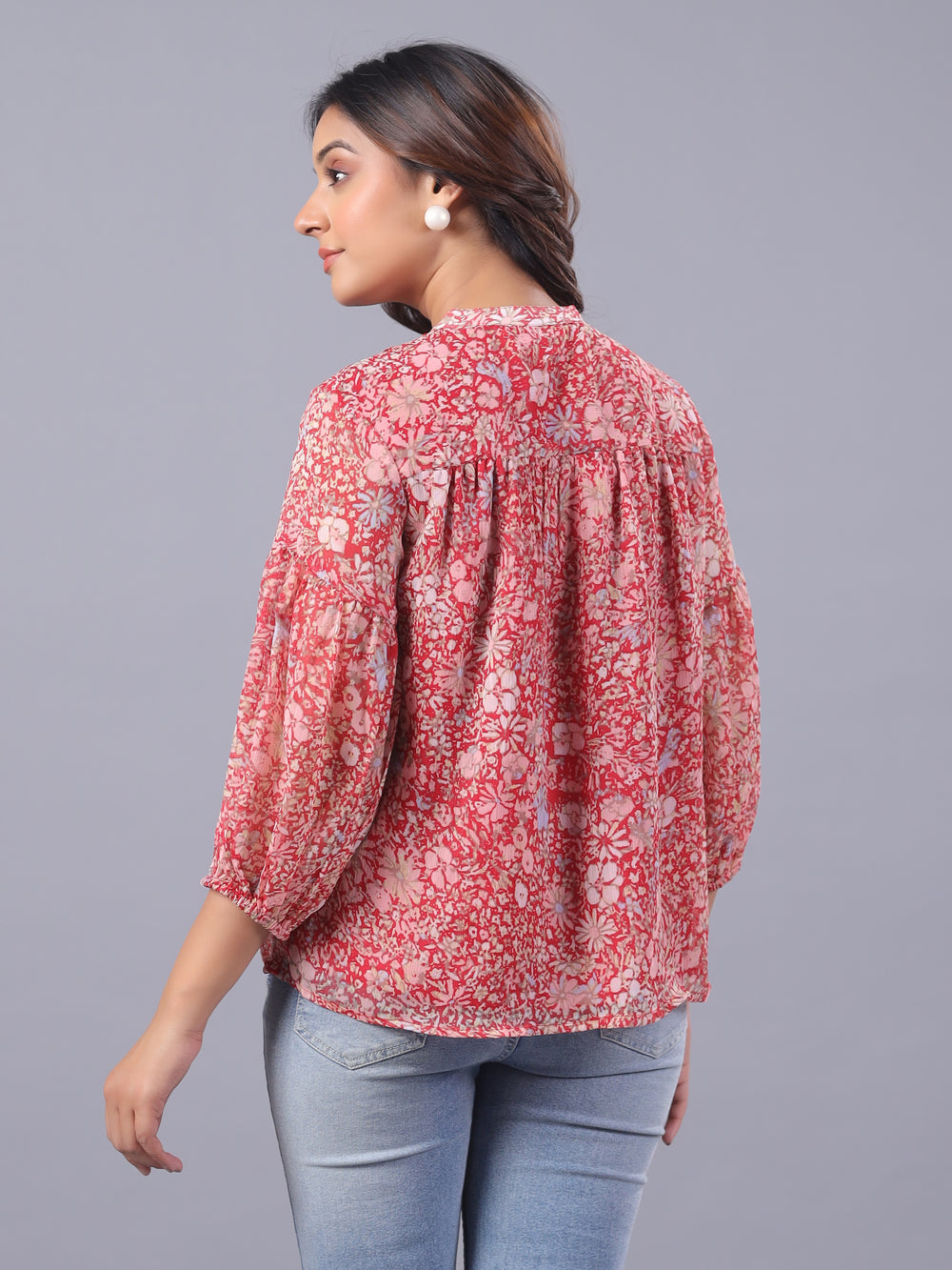Red Chiffon Floral Casual Top Back