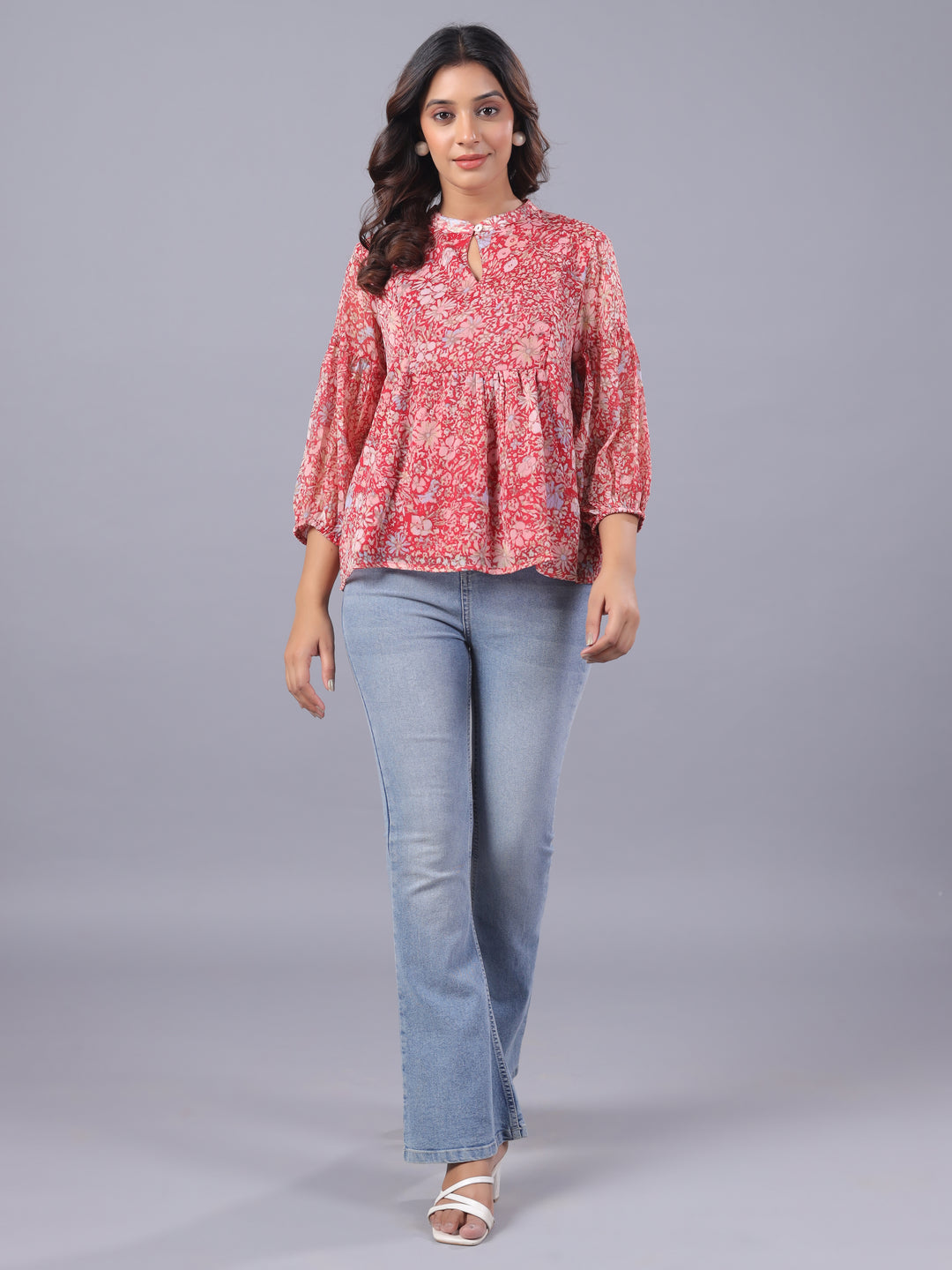Red Chiffon Floral Casual Top Front