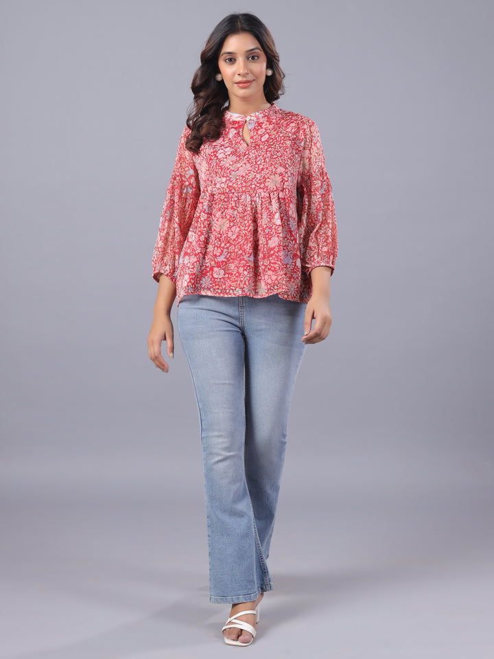 Red Chiffon Floral Casual Top