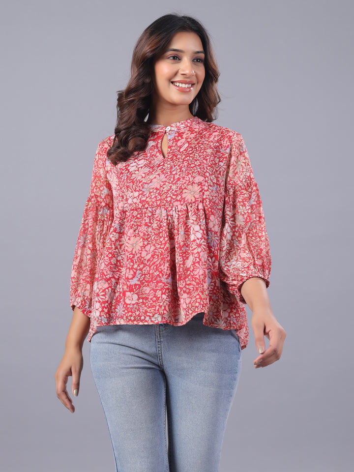 Red Chiffon Floral Casual Top