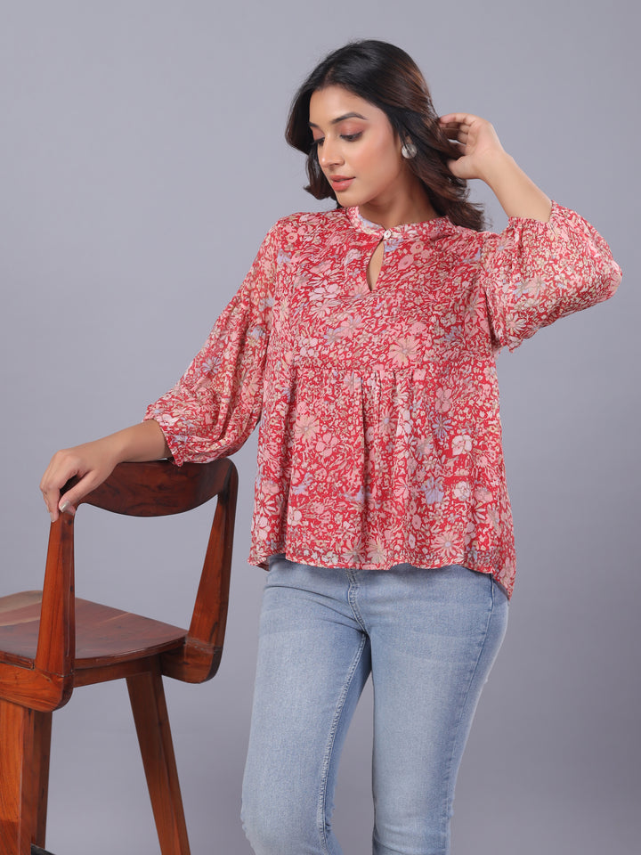 Red Chiffon Floral Casual Top