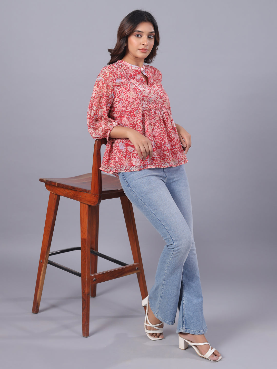 Red Chiffon Floral Casual Top