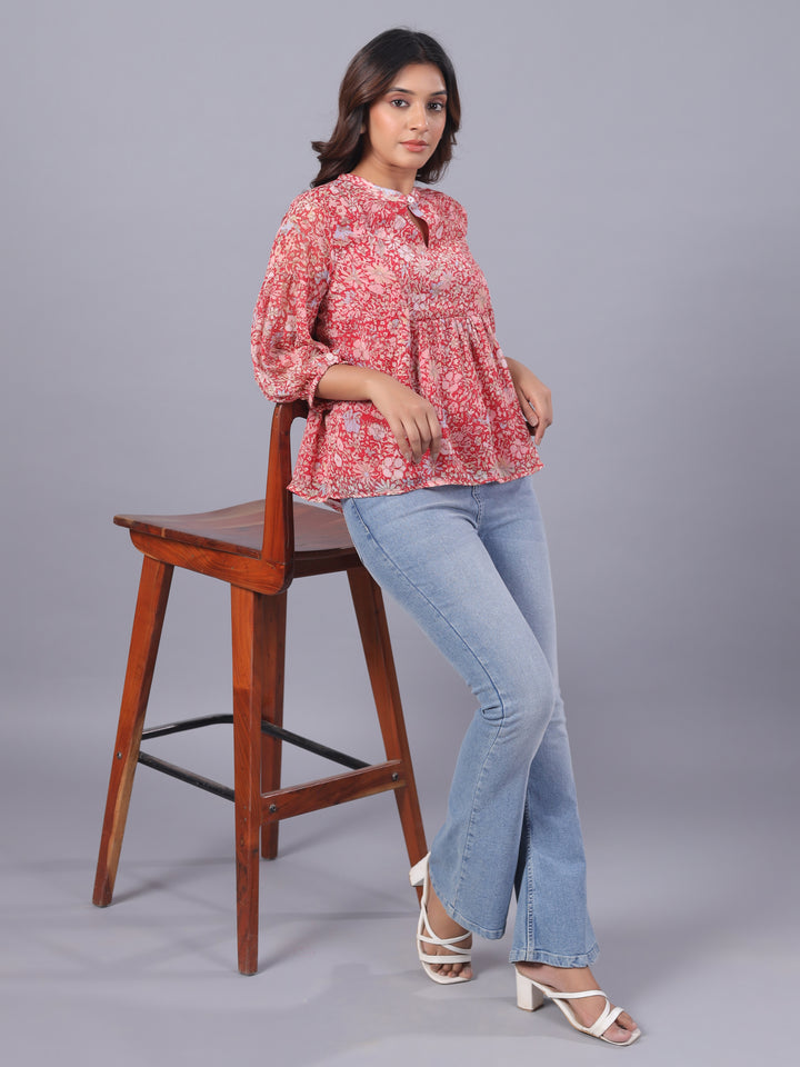 Red Chiffon Floral Casual Top