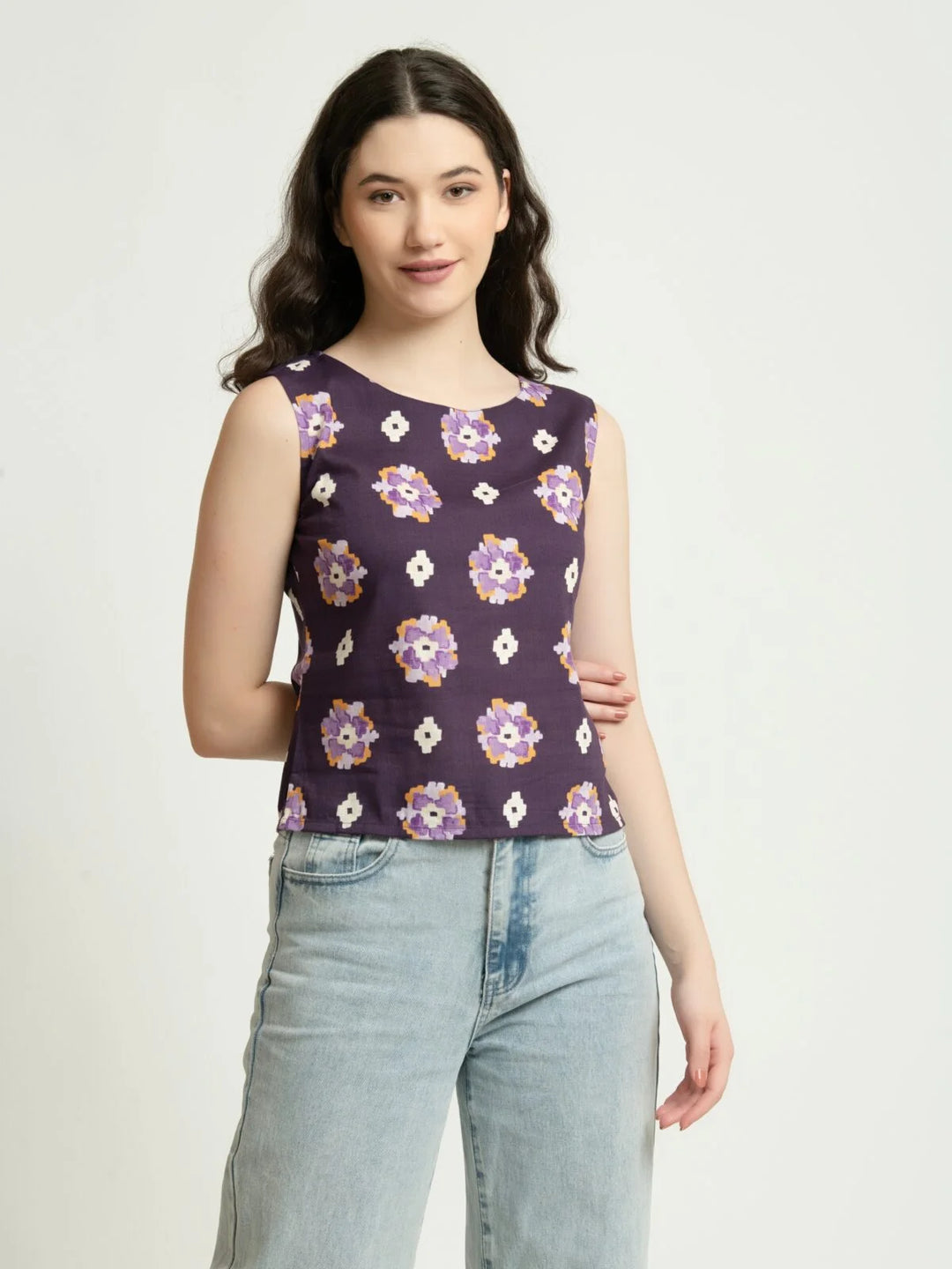 Violet Rayon Linen Printed Sleeveless Back Buttons Short Top Front1