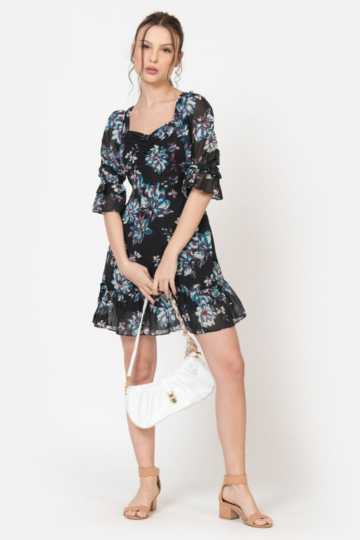 Raven Black Chiffon Floral Print Mini Dress Full Front
