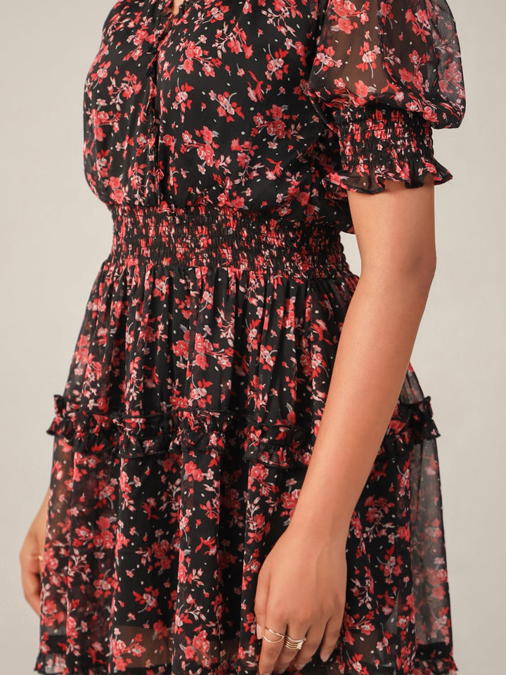 Black Floral Lurex Flared Mini Dress Detailing