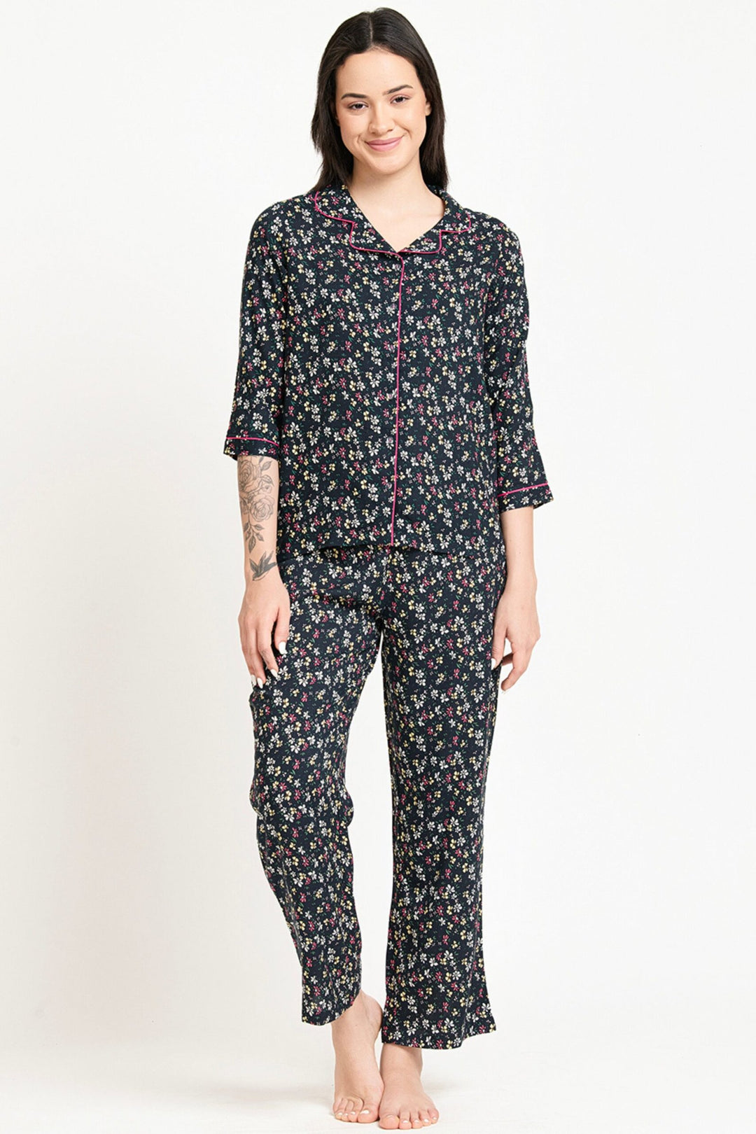 Black Floral Printed Night Suit Front