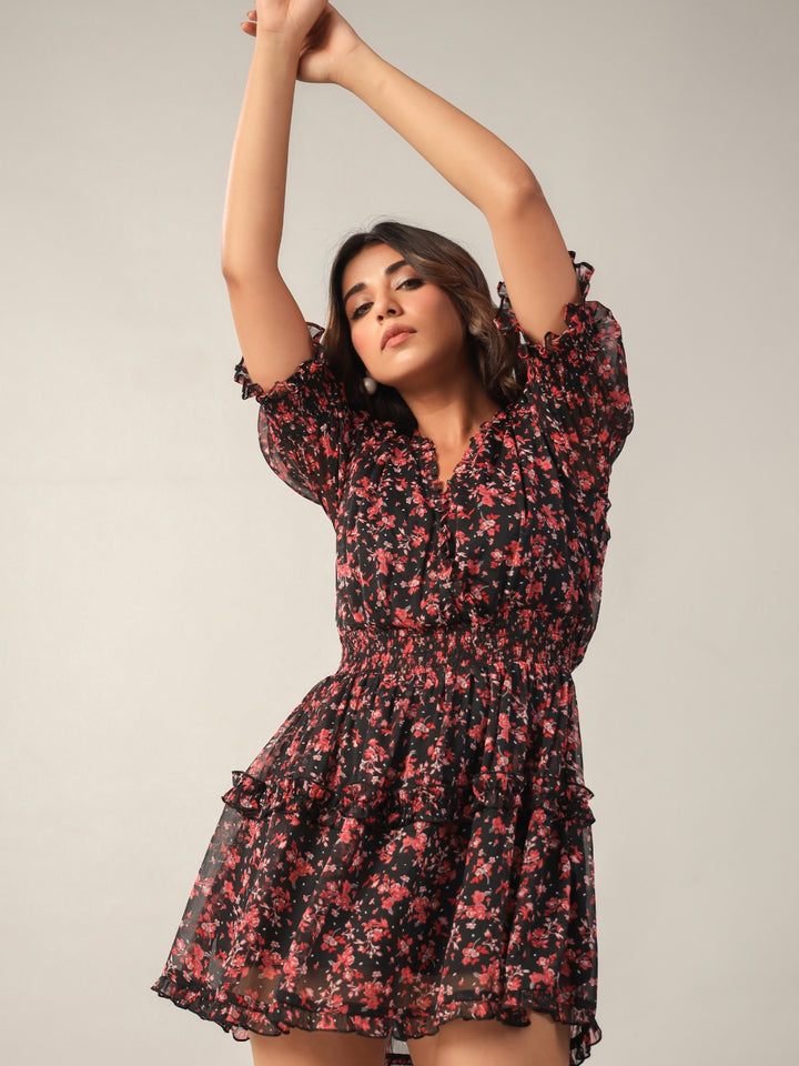 Black Floral Lurex Flared Mini Dress Portrait1