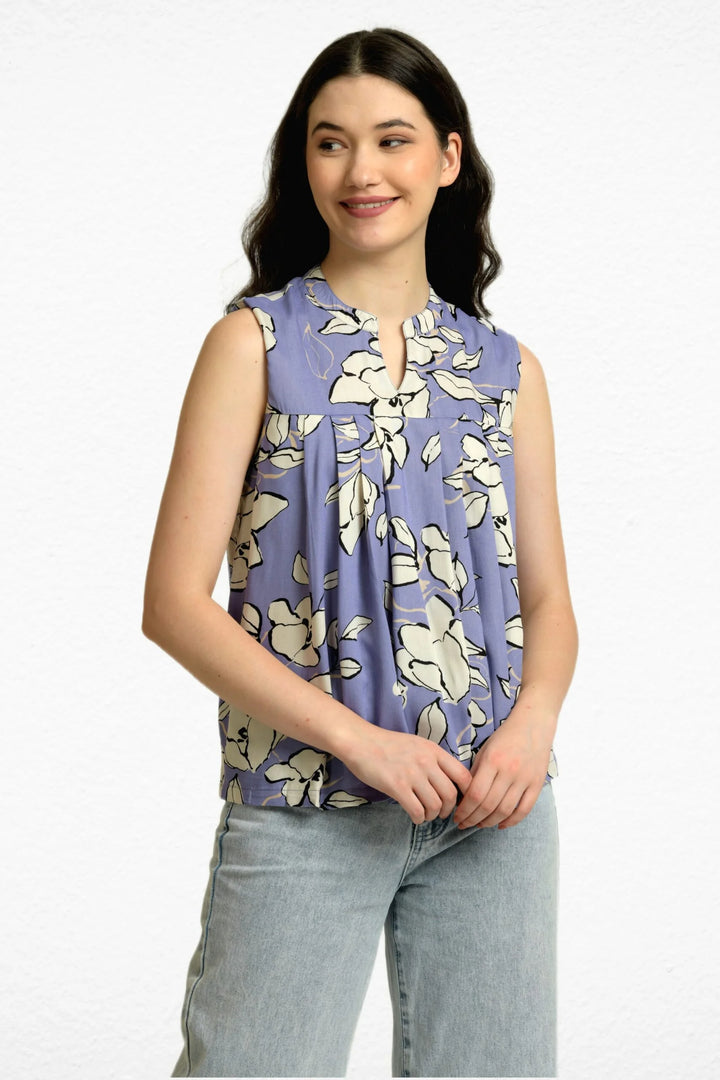 LILAC FLORAL PRINT EVERYDAY SLEEVELESS PLEATED TOP