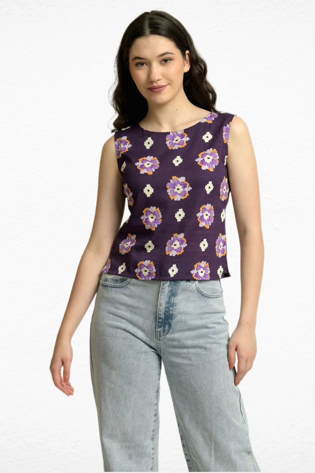 Violet Rayon Linen Printed Sleeveless Back Buttons Short Top Front