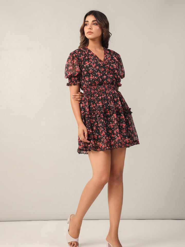 Black Floral Lurex Flared Mini Dress  Side
