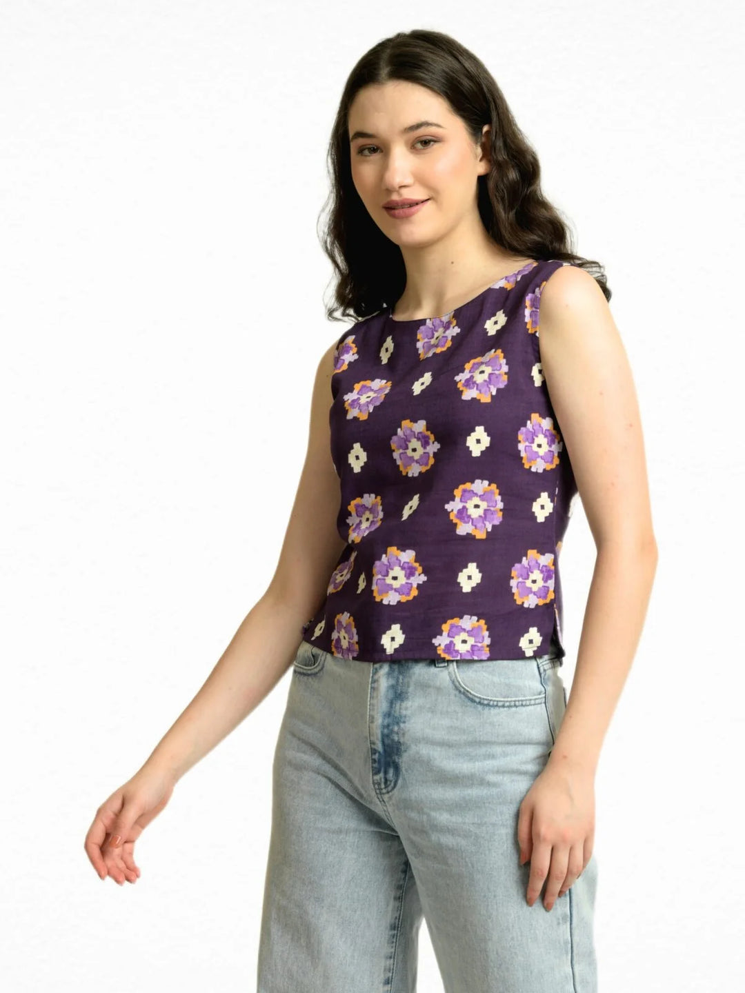 Violet Rayon Linen Printed Sleeveless Back Buttons Short Top Side