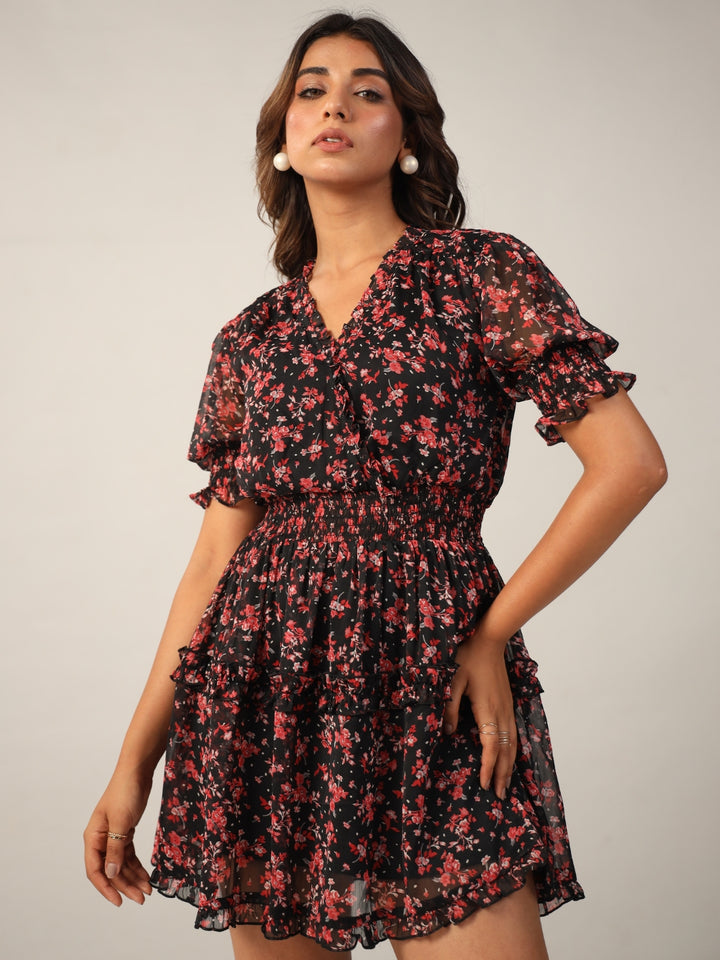 Black Floral Lurex Flared Mini Dress Portrait