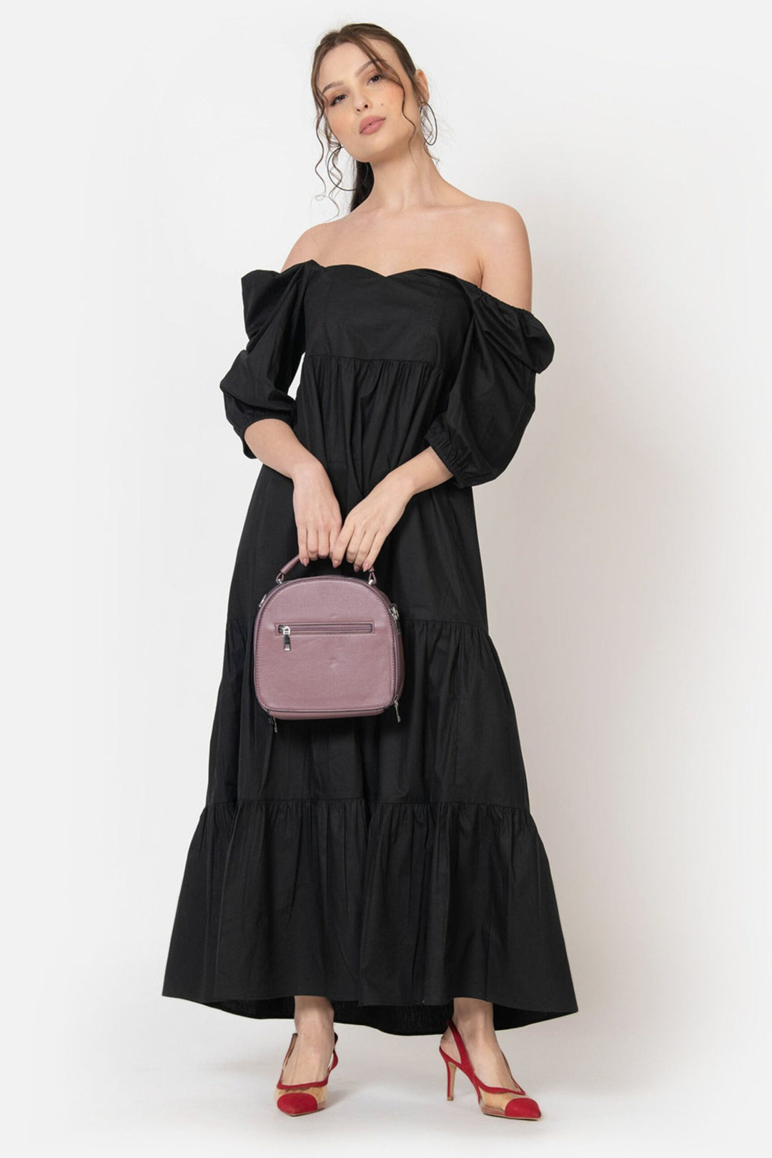 Black Cotton Poplin Maxi Dress Full Front