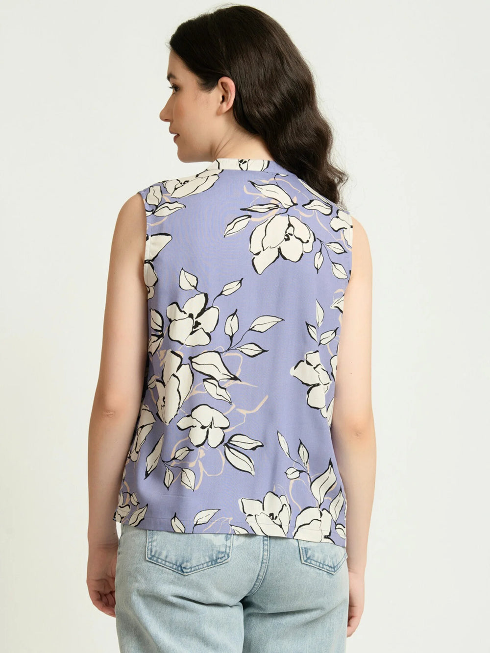 Lilac Floral Print Everyday Sleeveless Pleated Top Back